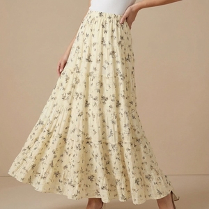 Pale Yellow Printed Maxi <b>Skirt</b> | Woven A-Line Summer <b>Skirt</b>, <b>Boho</b> Style Floral <b>Skirt</b> - Product Image 2