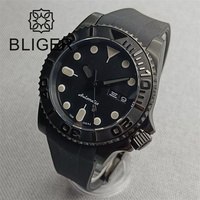Jam Tangan Pria BLIGER 40mm dengan Mesin NH36, Fungsi Tampilan Hari, Dial Hitam Penuh, Desain Lengkung, Mewah, Bisnis, Tahan Air