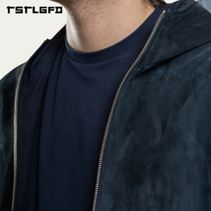 Veste bomber réversible en daim bleu marine OEM/ODM, à capuche, en tissu technique double face, style streetwear, vente en gros - Product Image 4