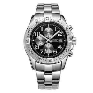 Megirนาฬิกาโครโนกราฟสำหรับผู้ชาย2030G,นาฬิกาข้อมือแบรนด์เนมสีเงินนาฬิกาสปอร์ตสายโลหะเท่ๆ