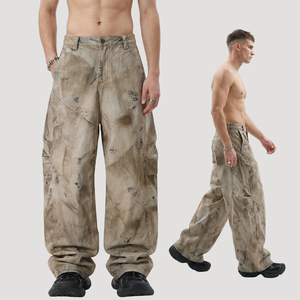 <span class=keywords><strong>Pantaloni</strong></span> Cargo da <span class=keywords><strong>Uomo</strong></span> Giallo Fango Vintage Lavato, Stile Banana Curvo, Effetto Usurato, Tinta Sporca, Gamba Larga, Vestibilità Ampia, per <span class=keywords><strong>Uomo</strong></span> - Product Image 1