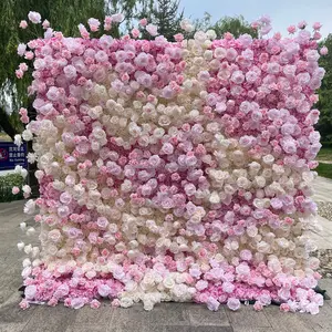 F-FW0055 कस्टम Flowerwall 5D 3D सफेद रोल अप कपड़ा फूल दीवार शादी की सजावट कृत्रिम रेशम गुलाब फूल पैनल पृष्ठभूमि फूल