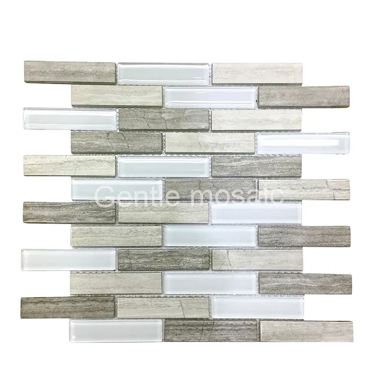 Carrara beyaz mutfak şerit backsplash çini çip boyutu 23x98mm cam karışımı taş art deco mozaik fayans