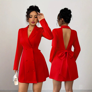 Nuevo <span class=keywords><strong>Vestido</strong></span> <span class=keywords><strong>Corto</strong></span> de <span class=keywords><strong>Manga</strong></span> <span class=keywords><strong>Larga</strong></span> con Lazo en la Espalda, Cuello de Traje y Doble Abotonadura, Estilo Europeo y Americano para Comercio Exterior - Product Image 1