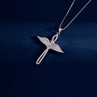 Vente en gros de pendentifs en forme de croix chrétienne avec ailes, plaqués rhodium, en zircone cubique, argent sterling 925, bijoux fins unisexes