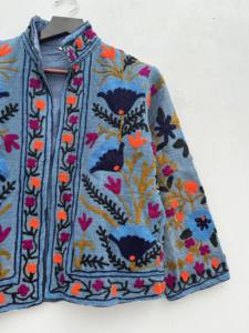 Vêtements d'hiver pour femmes manteau extérieur multicolore broderie coton Suzani à la main manches longues ouvert avant veste imprimé polaire - Product Image 5