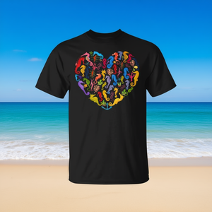 T-shirt Seahorse Lover Heart per donne e ragazze, design colorato nero - Product Image 3