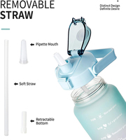 Bouteille d'eau De 2 litres pour filles, Gourde De Sport avec marqueur De temps, Portable, grande cuillère avec paille