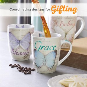 Taza de café de cerámica de mariposa azul Taza de café inspiradora 12 oz con versículo de la Biblia: Grace-Efesios. - Product Image 5