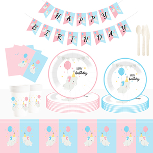 Juego de vajilla desechable DAMAI para fiesta de cumpleaños, platos de papel rosa y azul con diseño floral para suministros de cumpleaños infantiles, para 8 personas. - Product Image 1