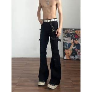 Spring Black Vibe Lace-Up Flared Cargo Jeans for Men Cleanfit American High Street <b>Pencil</b> Pants High Waist <b>Color</b> Blocking Denim - Product Image 1