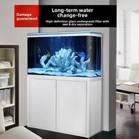 Aquarium rectangulaire intelligent en verre, moderne, de taille moyenne, avec filtre inférieur, séparation sec-humide, sur pied, pour usage domestique, pour grands poissons.
