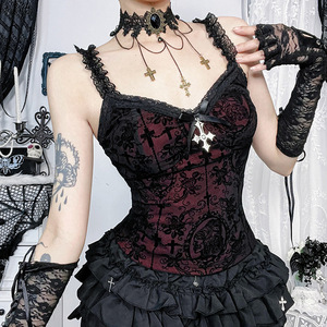 Vintage Gothic Flockdruck Camisole Damen Ästhetik Fairycore <span class=keywords><strong>Grunge</strong></span> Y2k E-Girl Spitze Patchwork Perlen Crop Tank Tops - Product Image 1