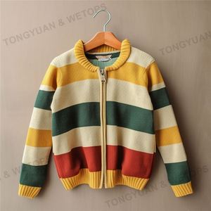 Cardigan personnalisé de haute qualité pour garçon, fermeture éclair, col rond, rayé, tricot en coton pour enfants - Product Image 4