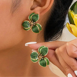 Green Flower Stud <b>Earrings</b> For Women Zinc Alloy Fashion Jewelry Elegant Simple Design - Product Image 1
