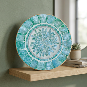 Handmade Mother of pearl <b>Mosaic</b> Wall <b>Art</b> Round Bohemian Design Decorative Plate Green Blue Tones - Product Image 3