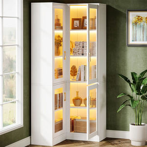 Estantería Moderna en Forma de L de Madera <span class=keywords><strong>con</strong></span> Puertas de Vidrio, Exhibición de Esquina <span class=keywords><strong>con</strong></span> LED y Almacenamiento para Sala de Estar - Product Image 2