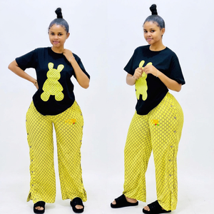 Completo Estivo Casual in Raso con Design a Doppio Petto all'Uncinetto, Taglia XS, Tinta Unita, <span class=keywords><strong>Pantaloni</strong></span> Larghi a Gamba Larga, Tecnica Ricamata a Maniche Corte - Product Image 1