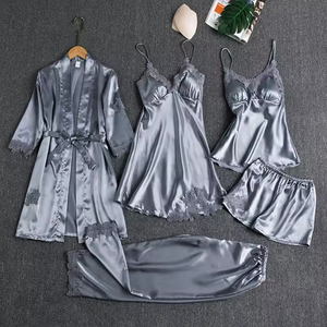 Vendita calda da <span class=keywords><strong>donna</strong></span> Sexy in pizzo satinato <span class=keywords><strong>accappatoio</strong></span> da notte <span class=keywords><strong>Set</strong></span> 5 pz traspirante termico pigiama invernale con coulisse-One - Product Image 3