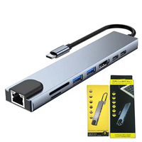 Adaptador USB 3.0 de 8 Puertos para Laptop con PD 2.1 de 100W, RJ45 LAN, Lector de Tarjetas TF/SD, Divisor Tipo-C de Aleación de Aluminio