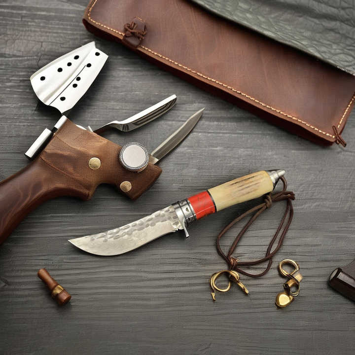 Handmade Damascus Blade Antler & Red Turquoise Pocket Knife Wooden