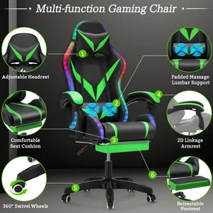 High Quality LED Colorful Lights Silla Gamer Full Massage Pro Gamer Chair Bluetooth Speakers Gaming Chair With Footrest