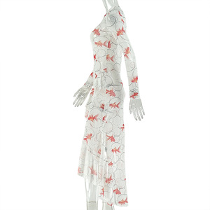 Vestido de mujer de malla transparente con estampado de dos colores, manga larga, abertura, maxi vestido para fiesta o vacaciones, tallas S-L - Product Image 6