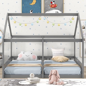 เตียงสองชั้นไม้รูปทรงบ้านสีเทาสำหรับเด็ก เฟอร์นิเจอร์ห้องนอน โครงสร้างถอดประกอบได้ - Product Image 1