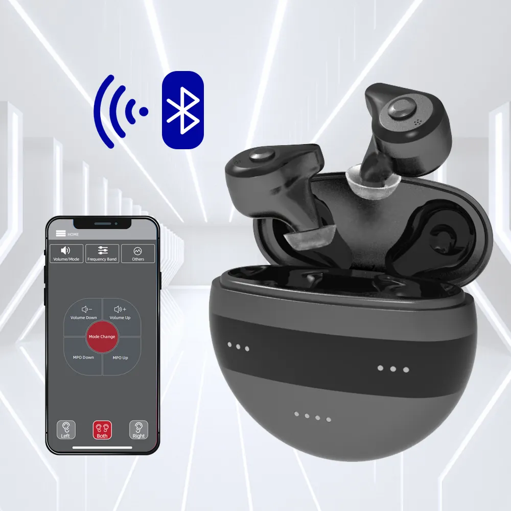Preço de fábrica com controle por aplicativo, par de aparelhos auditivos de potência amplificador de som digital ITC CIC, recarregável por Bluetooth no canal de ouvido