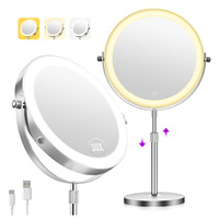Desktop Double-Sided Magnifying Mirror with Round Metal Frame & LED Telescopic Stand Height Adjustable Vanity Mirror for Travel