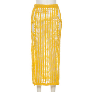Nouvelle Arrivée 2026 – Jupes Longues en Maille Jaune Taille <span class=keywords><strong>Haute</strong></span> Fendues et Creuses, Style Sexy et Élégant pour Femme OuYaan - Product Image 3