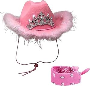 Cossmic Chamelleon Chapeau de cowgirl rose pour adolescents et adultes – Couronne de diadème lumineuse avec bordure en boa + rose clair - Product Image 1