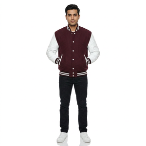 FINER THREADS Custom Men's Winter Varsity Jacket with Genuine <b>Leather</b> Embroidery Front Logo Stand Collar Breathable Fabric - Product Image 1