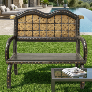 Banc de jardin traditionnel en bois massif antique, 2 places, écologique, durable, fait main, avec finitions en laiton, pour hôtel, ferme, jardin - Product Image 6