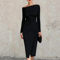 Robe de soirée fourreau midi asymétrique à une épaule pour femme, à manches longues, avec torsion latérale et fente avant