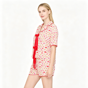 Conjunto de Pijama de Dos Piezas para Mujer, con Pantalones Cortos y Camiseta de Manga Corta, Estampado con Lazo en la Parte Delantera, Estilo Bambú, Nueva Moda - Product Image 2
