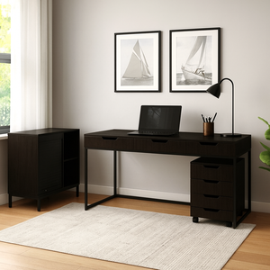 סט שולחן משרדי ביתי מודרני, עמיד, מורכב, ידידותי לסביבה, בצבע שחור, מדגם ברמינגהאם, עם מגירות, ארון נייד עם דלתות טמבור. - Product Image 2