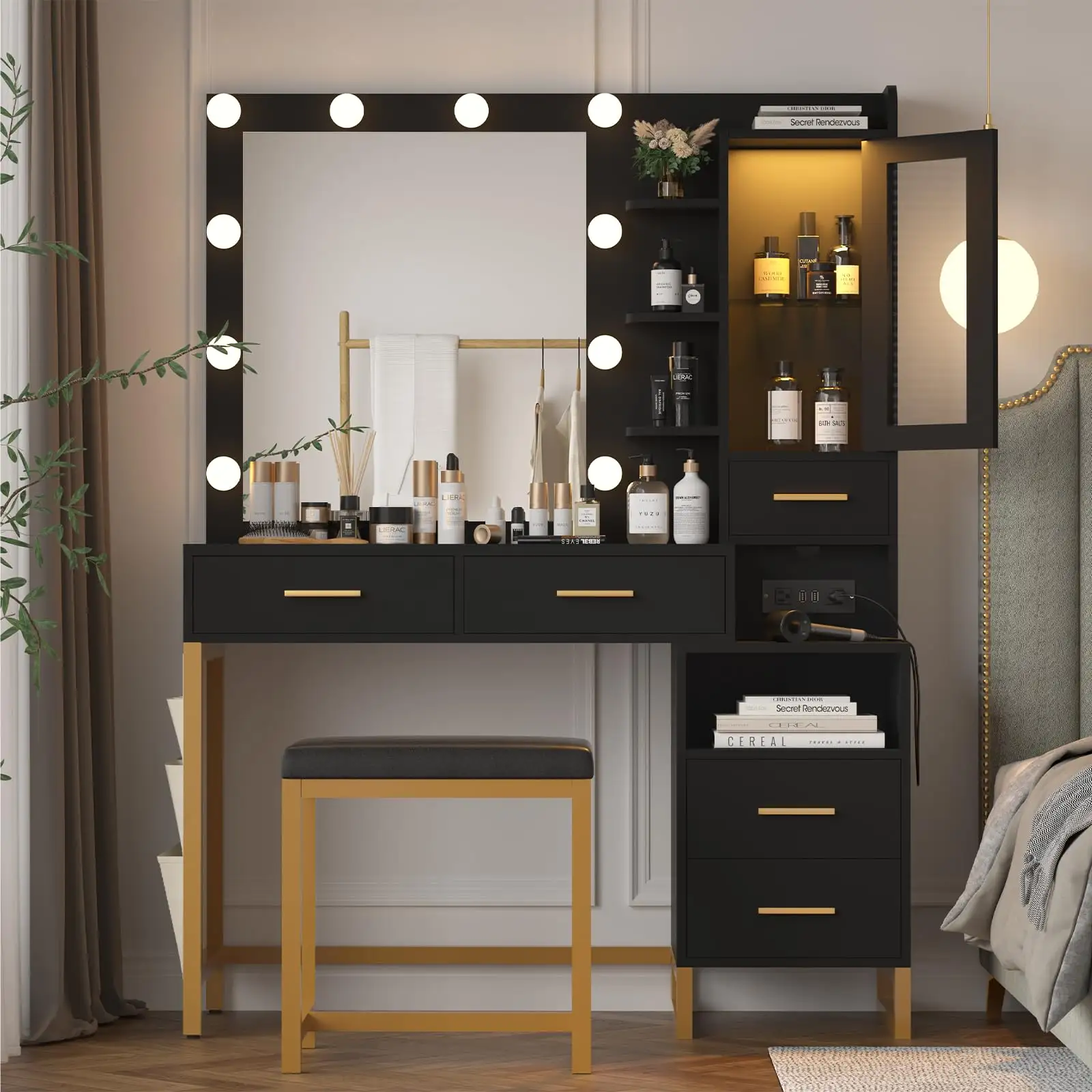 Dernier miroir de conceptions de coiffeuse de style turc en bois moderne noir avec table de vanité de maquillage de stockage en gros