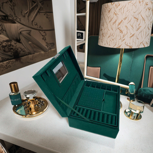 Large Capacity Rings Necklaces Earrings Watches Storage Case <strong>Antique</strong> Double Layer Green Velvet <strong>Jewelry</strong> Organizer <strong>Box</strong> with Lock - Product Image 1