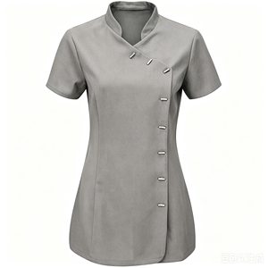 Haut d'uniforme pour femme à col montant et patte de boutonnage diagonale, manches courtes, style chinois, coupe ajustée, pour esthéticienne, SPA et bien-être - Product Image 1