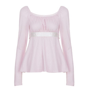 Camiseta de punto con cuello en U y lazo, diseño liso y transpirable para otoño, con detalle de cordones en la espalda e impresión digital. - Product Image 6