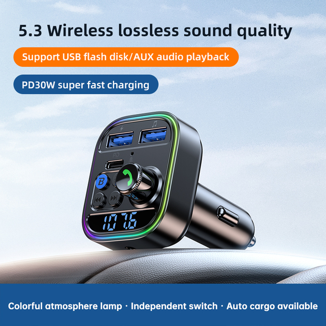 T18 FM Transmitter BT 5.3 Car Charger PD 30W 2xUSB Fast Charging Atmosphere Light Wireless Radio Music Adapter Hands-Free Call