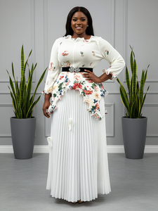 Ensemble deux pièces décontracté pour femme grande taille de style européen Miyaki <span class=keywords><strong>avec</strong></span> haut plissé imprimé tendance et <span class=keywords><strong>jupe</strong></span> <span class=keywords><strong>longue</strong></span> - Product Image 5