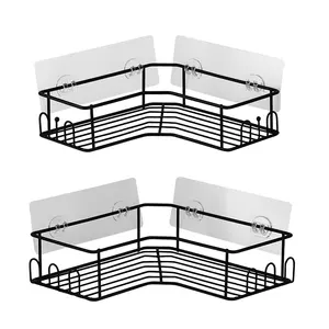Bx 2-पैक बड़े कंनर शॉवर कैडी अलमारियों आयोजक, काले स्टेनलेस स्टील के लिए चिपकने वाला शॉवर रैक भंडारण