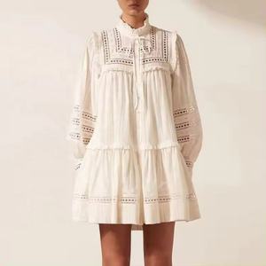 Vestido Casual de Otoño de Alta Calidad al por Mayor, Vestido Blanco de Lino y Algodón con Encaje Floral y Manga Larga, Estilo Modesto para OOTD - Product Image 2