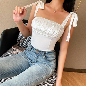 Débardeurs courts décontractés pour femmes, respirants, anti-rétrécissement, mignons, sans dos, sans bretelles, tendance, sexy, en dentelle noire et blanche - Product Image 4