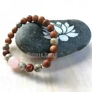 WMB9851 Natural Gemstone African Opal Sandalwood Rose Quartz Beaded Wrist Mala Bracelet Spiritual Meditation Yoga Jewelry