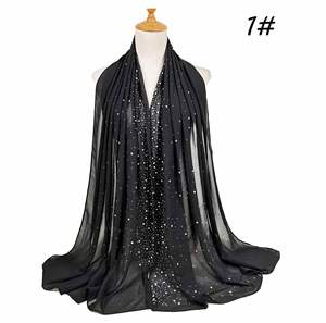 Foulard en mousseline de soie uni pour femme, orné de strass et de perles, style musulman tendance - Product Image 2