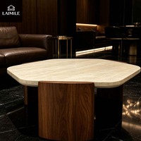 Table basse hexagonale moderne en marbre naturel avec pieds en bois massif, table de salon de luxe, mobilier de maison OEM ODM