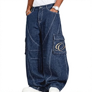 Jean large taille haute pour homme Hardihood International, coupe ample en denim avec poche brodée et motif cachemire - Product Image 1